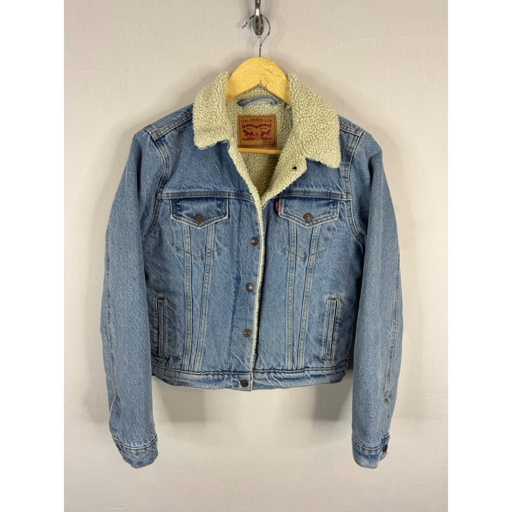 Levis Sherpa Trucker Jacket Women S Denim Faux Shearling Lined Blue Small - Picture 1 of 14